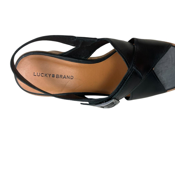 Lucky Brand Womens Platform Wedge Sandals Delayne Black Leather Slingback Sz 8.5 - Picture 6 of 9